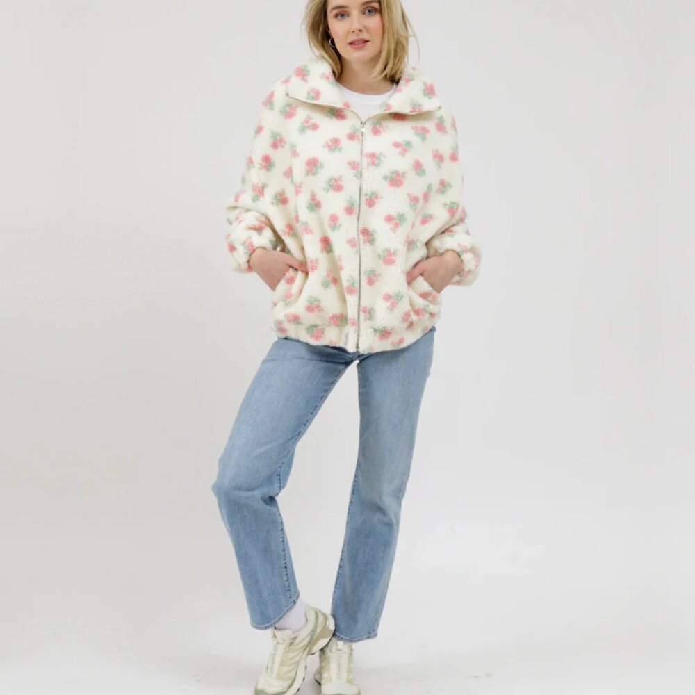 NEW Brunette the Label Full Zip Sherpa Jacket | White with Pink - Picture 4 of 4